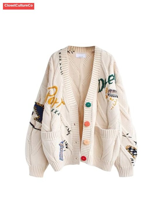 Sweaters - Wool Blend Cable Knit Open Front Cardigan V-Neck Button Down Embroidery